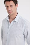 Erkek Slim Fit Dar Kesim Uzun Kollu %100 Pamuk Keten Doku Çizgili Gömlek