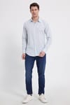 Erkek Slim Fit Dar Kesim Uzun Kollu %100 Pamuk Keten Doku Çizgili Gömlek