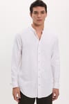 Erkek Slim Fit Dar Kesim Uzun Kollu %100 Pamuk Keten Doku Çizgili Hakim Yaka Gömlek