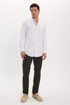 Erkek Slim Fit Dar Kesim Uzun Kollu %100 Pamuk Keten Doku Çizgili Hakim Yaka Gömlek