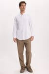 Erkek Slim Fit Dar Kesim Uzun Kollu %100 Pamuk Keten Doku Çizgili Hakim Yaka Gömlek