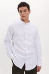 Erkek Slim Fit Dar Kesim Uzun Kollu %100 Pamuk Keten Doku Çizgili Hakim Yaka Gömlek