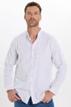 Erkek Slim Fit Dar Kesim Uzun Kollu %100 Pamuk Keten Doku Çizgili Hakim Yaka Gömlek