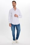 Erkek Slim Fit Dar Kesim Uzun Kollu %100 Pamuk Keten Doku Çizgili Hakim Yaka Gömlek