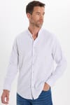 Erkek Slim Fit Dar Kesim Uzun Kollu %100 Pamuk Keten Doku Çizgili Hakim Yaka Gömlek