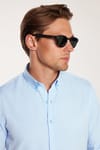 Erkek Slim Fit Dar Kesim Uzun Kollu Pamuklu Oxford Doku Kolay Ütü Mavi Düğmeli Yaka Gömlek