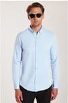 Erkek Slim Fit Dar Kesim Uzun Kollu Pamuklu Oxford Doku Kolay Ütü Mavi Düğmeli Yaka Gömlek