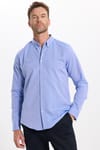 Erkek Slim Fit Dar Kesim Uzun Kollu Pamuklu Oxford Doku Kolay Ütülenebilir Mavi Düğmeli Yaka Gömlek