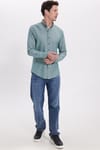 Erkek Slim Fit Dar Kesim Uzun Kollu Pamuklu Oxford Doku Kolay Ütü Yeşil Düğmeli Yaka Gömlek