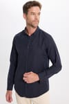 Erkek Slim Fit Dar Kesim Uzun Kollu Pamuklu Oxford Doku Kolay Ütülenebilir Lacivert Düğmeli Yaka Gömlek