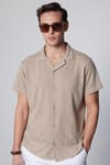 Slim Fit Dar Kesim Kısa Kol Nefes Alan Örme Doku Kare Desenli Apaj Yaka Yazlık Taş Renk Erkek Gömlek