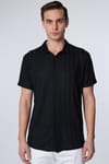 Slim Fit Dar Kesim Kısa Kol Nefes Alan  Örme Doku Armür Desenli Yazlık Siyah Erkek Gömlek