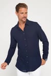 Slim Fit Kısa Kollu Dar Kesim Spor Yaka Örme Kumaş Yazlık Lacivert Erkek Gömlek