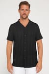 Slim Fit Kısa Kollu Dar Kesim Apaş Yaka Örme Kumaş Siyah Gömlek