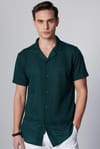 Slim Fit Dar Kesim Kısa Kollu Apaj Yaka Örme Kumaş Yazlık Petrol Erkek Gömlek