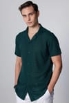 Slim Fit Dar Kesim Kısa Kollu Apaj Yaka Örme Kumaş Yazlık Petrol Erkek Gömlek