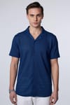 Slim Fit Dar Kesim Kısa Kollu Apaj Yaka Örme Kumaş Yazlık İndigo Erkek Gömlek