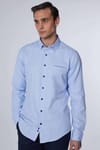 Slim Fit Dar Kesim Fleto Tek Cep Armürlü Pamuklu Mavi Erkek Gömlek
