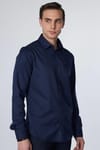 Slim Fit Dar Kesim Fleto Tek Cep Armürlü Pamuklu Lacivert Erkek Gömlek