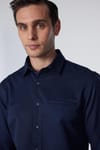 Slim Fit Dar Kesim Fleto Tek Cep Armürlü Pamuklu Lacivert Erkek Gömlek