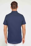 Erkek Slim Fit Dar Kesim Kısa Kollu %100 Pamuk Keten Doku Düğmeli Yaka Lacivert Gömlek