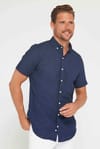 Erkek Slim Fit Dar Kesim Kısa Kollu %100 Pamuk Keten Doku Düğmeli Yaka Lacivert Gömlek