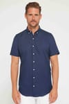 Erkek Slim Fit Dar Kesim Kısa Kollu %100 Pamuk Keten Doku Düğmeli Yaka Lacivert Gömlek
