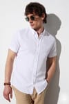 Erkek Slim Fit Dar Kesim Kısa Kollu %100 Pamuk Keten Doku Beyaz Düğmeli Yaka Gömlek