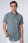 Slim Fit Kısa Kol Düğmeli Yaka Düz Yazlık Keten Efekt Gri Erkek Gömlek