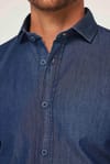 Slim Fit Uzun Kollu Dar Kesim İtalyan Yaka 4 Mevsim Düz Denim Lacivert Erkek Gömlek