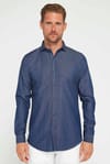 Slim Fit Uzun Kollu Dar Kesim İtalyan Yaka 4 Mevsim Düz Denim Lacivert Erkek Gömlek
