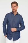 Slim Fit Uzun Kollu Dar Kesim İtalyan Yaka 4 Mevsim Düz Denim Lacivert Erkek Gömlek