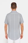 Erkek Slim Fit Dar Kesim Kısa Kollu Apaş Yaka Çizgili Yazlık Gri Erkek Gömlek