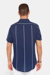 Erkek Slim Fit Dar Kesim Kısa Kollu Apaş Yaka Çizgili Yazlık Lacivert Erkek Gömlek