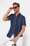 Erkek Slim Fit Dar Kesim Kısa Kollu Apaş Yaka Çizgili Yazlık Lacivert Erkek Gömlek