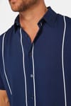 Erkek Slim Fit Dar Kesim Kısa Kollu Apaş Yaka Çizgili Yazlık Lacivert Erkek Gömlek