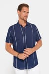Erkek Slim Fit Dar Kesim Kısa Kollu Apaş Yaka Çizgili Yazlık Lacivert Erkek Gömlek