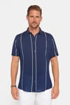 Erkek Slim Fit Dar Kesim Kısa Kollu Apaş Yaka Çizgili Yazlık Lacivert Erkek Gömlek