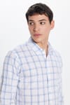 Erkek Slim Fit Dar Kesim %100 Pamuk Keten Doku Kareli Gömlek