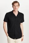 Slim Fit Kısa Kol Örme Kumaş Apaş Yaka Rahat Armürlü Doku Siyah Erkek Gömlek