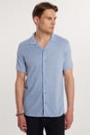 Slim Fit Kısa Kol Örme Kumaş Apaş Yaka Rahat Armürlü Doku Mavi Erkek Gömlek