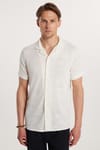 Slim Fit Kısa Kol Örme Kumaş Apaş Yaka Rahat Armürlü Doku Ekru Erkek Gömlek