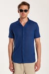 Erkek Slim Fit Örme Kumaş Apaş Yaka Rahat Kullanım Kısa Kol Lacivert Gömlek