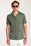 Erkek Slim Fit Örme Kumaş Apaş Yaka Rahat Kullanım Kısa Kol Haki Gömlek