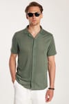 Erkek Slim Fit Örme Kumaş Apaş Yaka Rahat Kullanım Kısa Kol Haki Gömlek