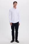 Erkek Slim Fit Dar Kesim Düz Oxford Armalı Yaka Düğmeli Beyaz Spor Gömlek