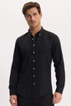 Erkek Slim Fit Dar Kesim Düz Oxford Armalı Düğmeli Yaka Siyah Spor Gömlek