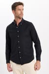 Erkek Slim Fit Dar Kesim Düz Oxford Armalı Düğmeli Yaka Siyah Spor Gömlek
