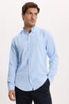 Erkek Slim Fit Dar Kesim Düz Oxford Armalı Düğmeli Yaka Mavi Spor Gömlek