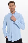 Erkek Slim Fit Dar Kesim Düz Oxford Armalı Düğmeli Yaka Mavi Spor Gömlek